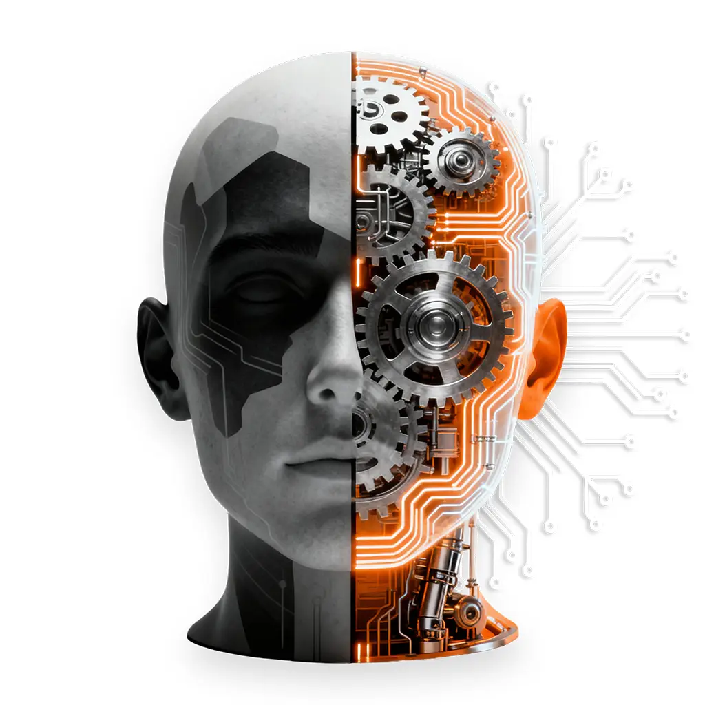 Halb menschlicher halb technischer Kopf mit Zahnrädern und Schaltkreisen als Symbol für systematisches Content Marketing, KI und effiziente Content Produktion.