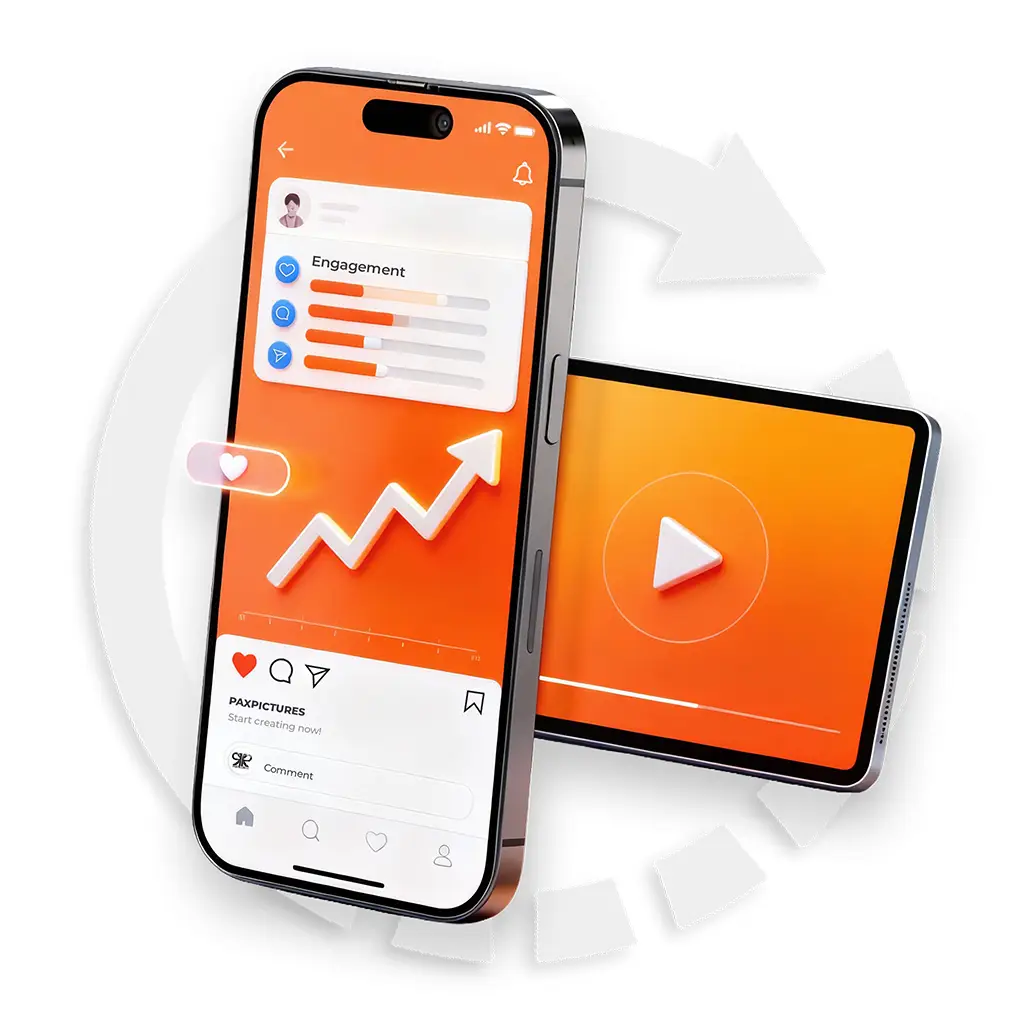 Smartphone mit Balkendiagrammen und Wachstumskurven als Visual für monatlichen Content und datenbasiertes Content Marketing auf Social Media.